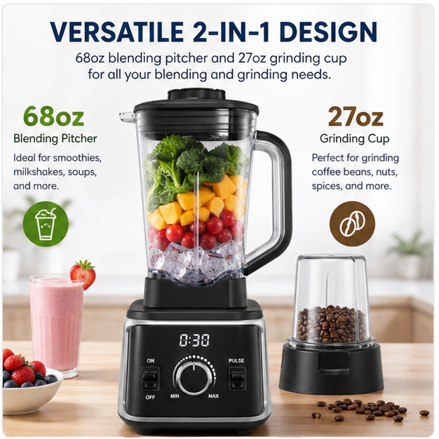 Hicloud 1800W 2-in-1 Blender and Grinder Combo, 68oz Countertop Blender with 27oz Grinding Cup, Professional High-Speed Motor
