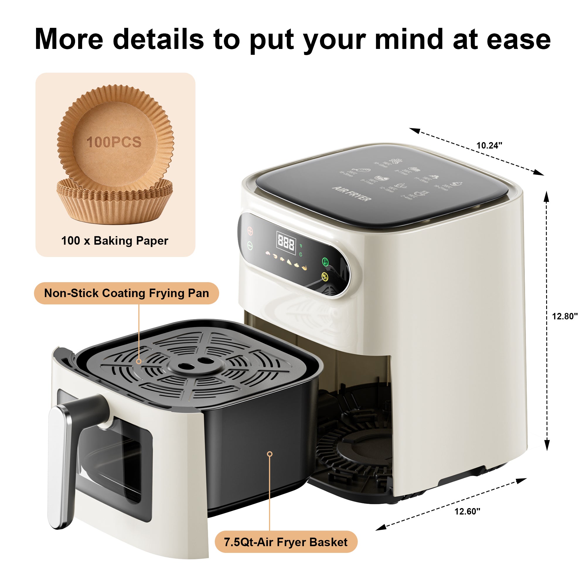 Hicloud 7.5QT Air Fryer, 1600W Multifunction Airfryer with Visible Window, Adjustable Time＆Temperature, Nonstick, 85% Less Oil