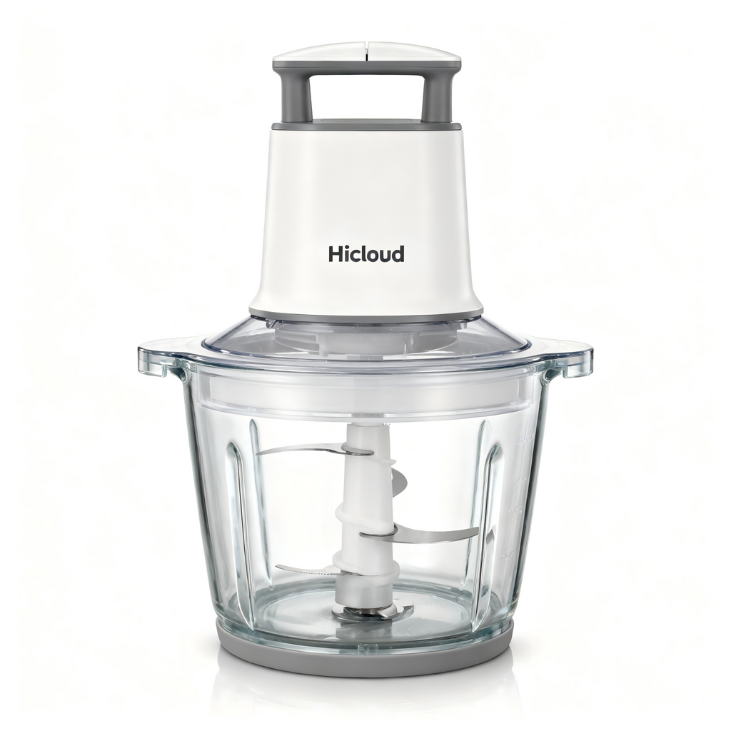 Hicloud 2-Speed Food Processor, 8 Cup Dual Bowls (Glass & Stainless Steel), Patented Top Button Control