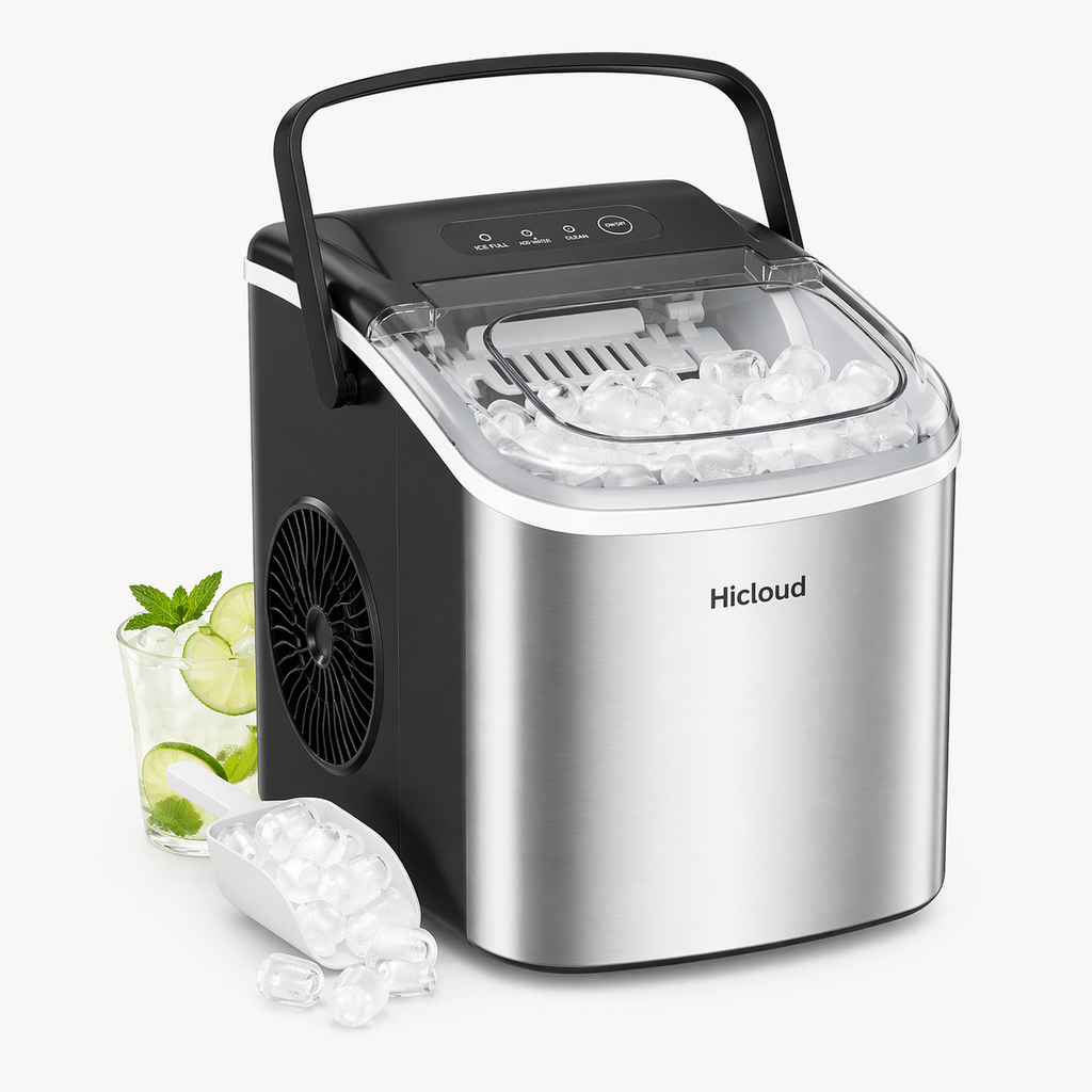 Hicloud Portable Countertop Ice Maker, 9 Bullet Ice Cubes in 6 Minutes, 26lbs Daily Output, Self-Cleaning Function