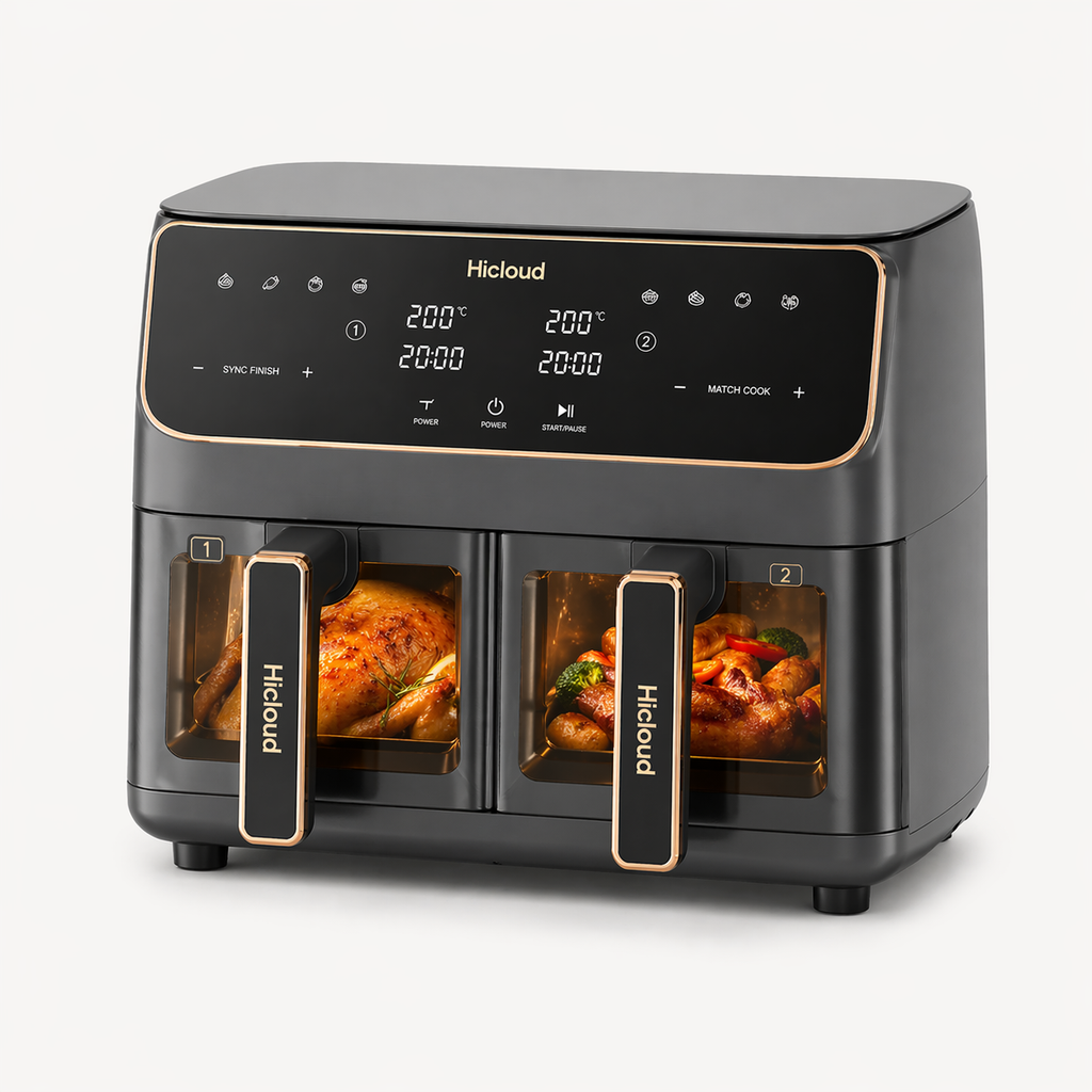 Hicloud Dual Basket Air Fryer Oven, 2-in-1 Digital Airfryer with Clear-View Windows & Sync Finish, Roast, Bake & Reheat