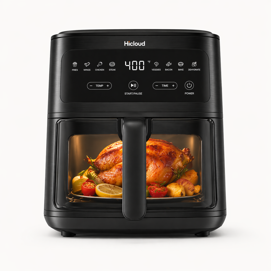 Hicloud 6QT Air Fryer with Viewing Window, 10-in-1 Compact Digital Airfryer Oven, 400°F Rapid Cooking for Fries