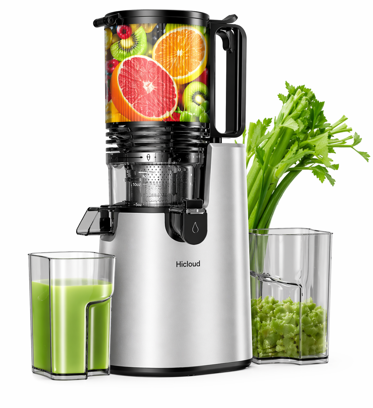 Hicloud Slow Juicer, 5.4" Extra Wide Feed Chute for Whole Fruits & Vegetables, Cold Press Masticating Juicer with 450W Motor