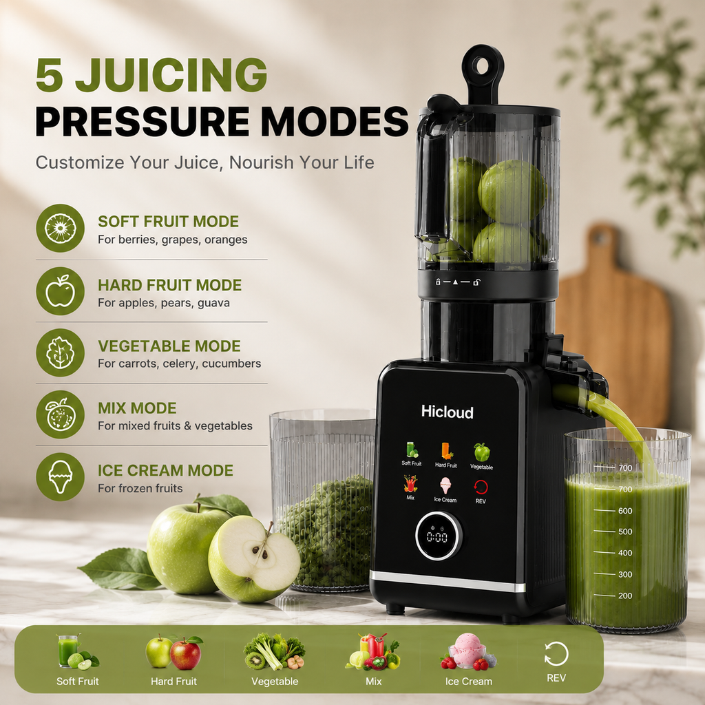 Hicloud 200W Juicer, Cold Press Juicer with 4.4" Large Feed Chute, Electronic 5-Speed Masticating Juicer Machines for Whole Vegetables & Fruits, High-yield Juice Maker, Easy Clean