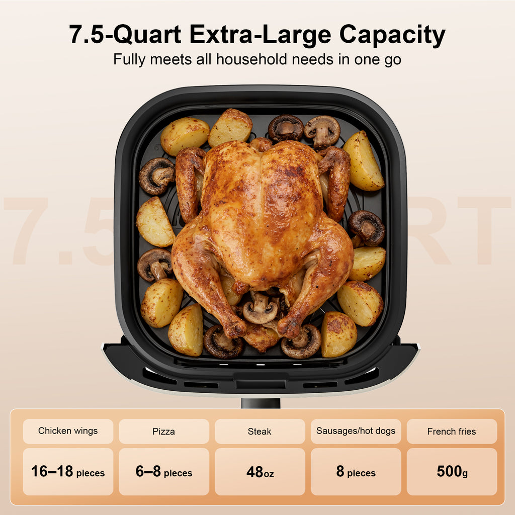 Hicloud 7.5QT Air Fryer, 1600W Multifunction Airfryer with Visible Window, Adjustable Time＆Temperature, Nonstick, 85% Less Oil