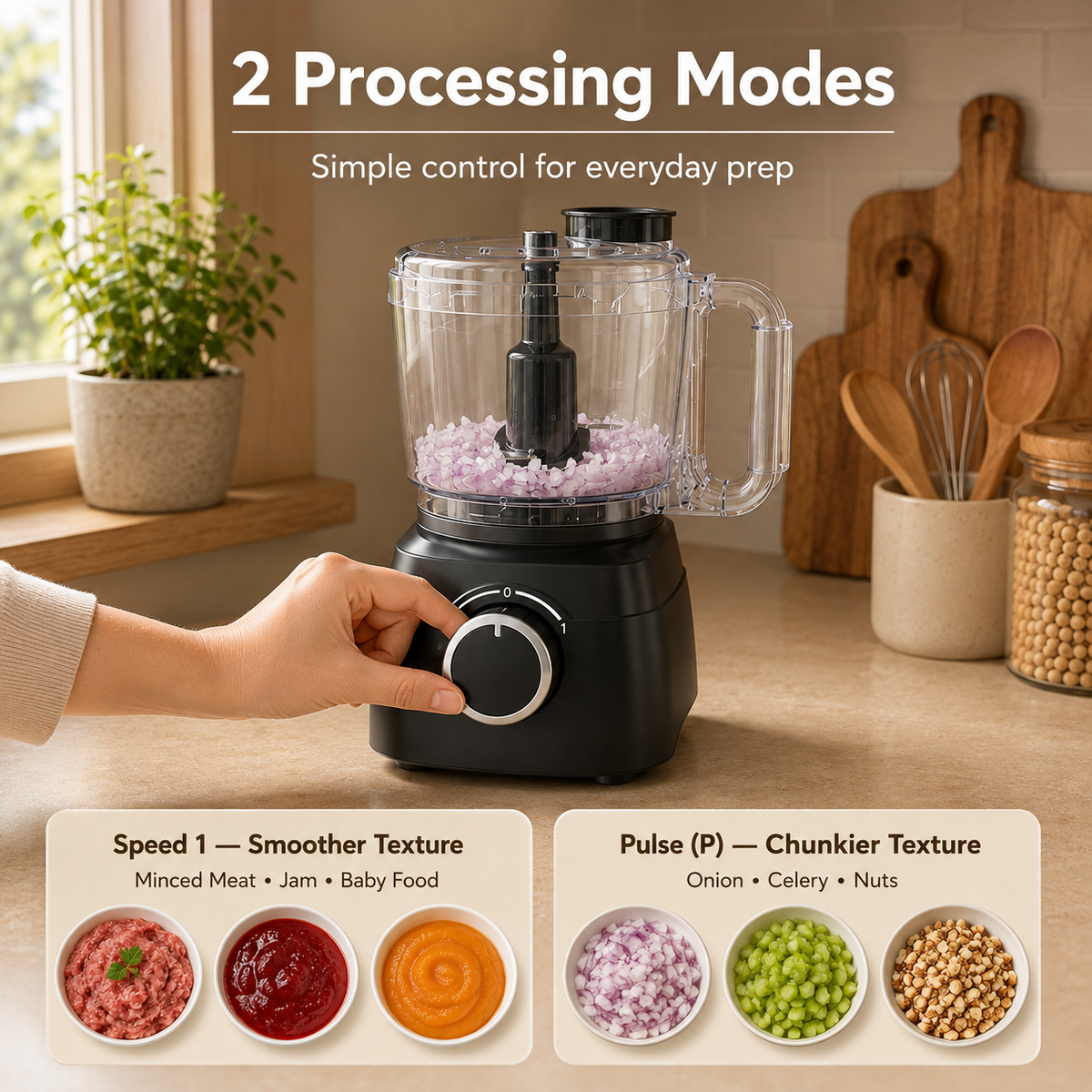 Hicloud 8‑Cup Electric Food Processor, Food Chopper & Meat Grinder for Vegetables, Meat & Nuts, 1‑Speed Plus Pulse Mode, Dishwasher‑Safe Parts