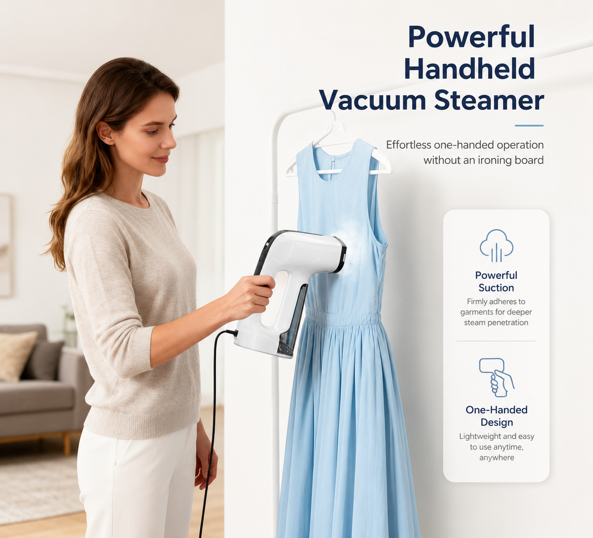 Hicloud Vacuum Steamer, Handheld Travel Garment Steamer for Clothes, 2500Pa Suction for Clothes Grips, Steaming & Ironing 2 In 1, 3 Modes