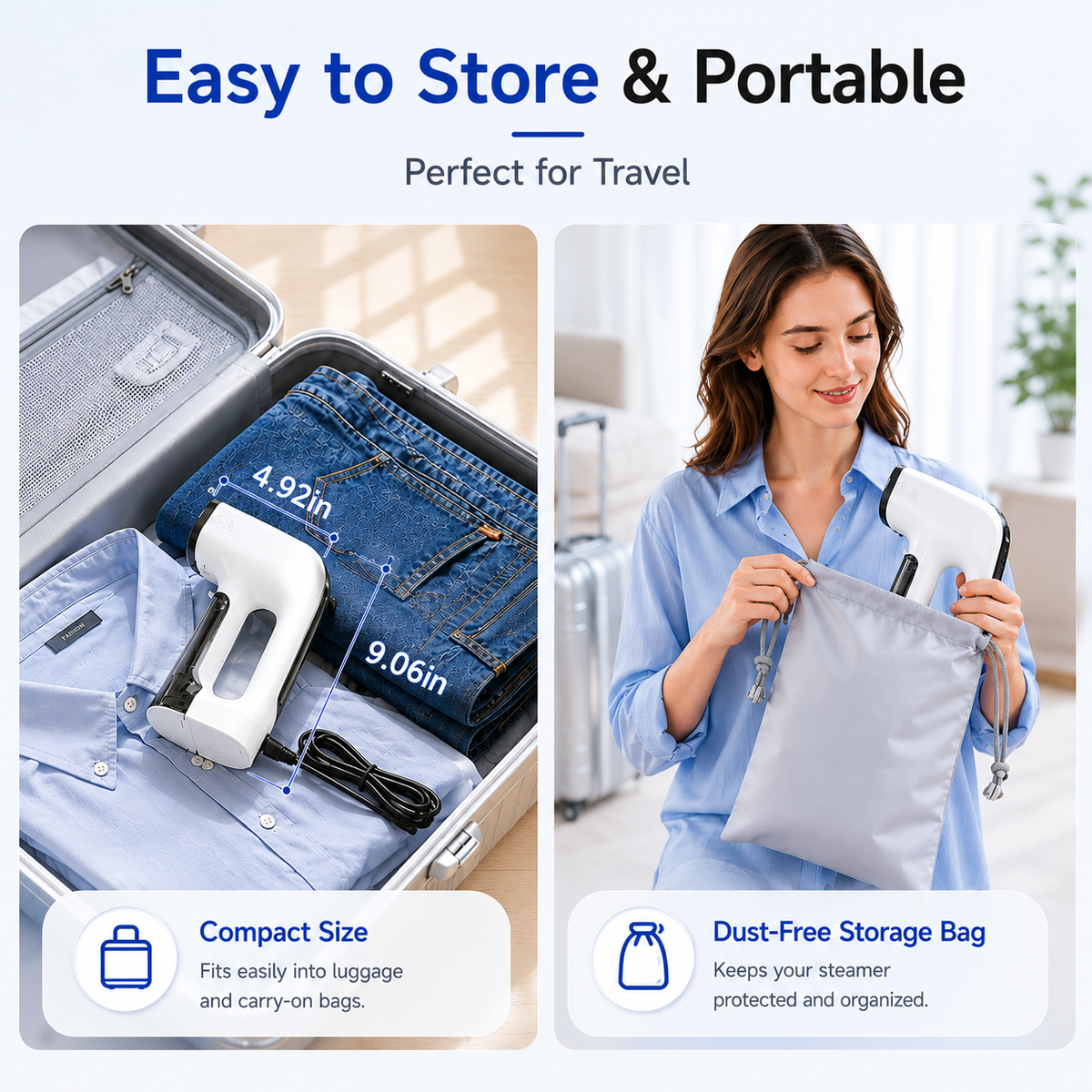 Hicloud Vacuum Steamer, Handheld Travel Garment Steamer for Clothes, 2500Pa Suction for Clothes Grips, Steaming & Ironing 2 In 1, 3 Modes