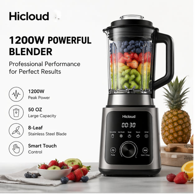 Hicloud 1200W Professional Blender, 50oz Countertop Blender with Smart Touch Control & 8-Leaf Stainless Steel Blades