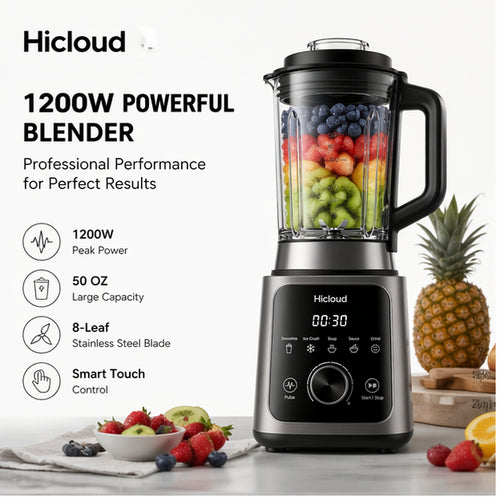 Hicloud 1200W Professional Blender, 50oz Countertop Blender with Smart Touch Control & 8-Leaf Stainless Steel Blades