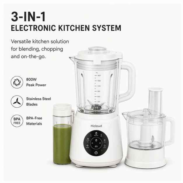 Hicloud 3-in-1 Blender & Food Processor Combo, 800W Peak Power Kitchen System with 48oz Glass Jar, 20oz Travel Cup