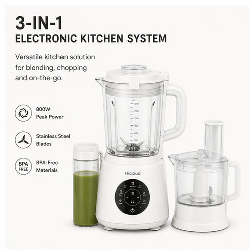 Hicloud 3-in-1 Blender & Food Processor Combo, 800W Peak Power Kitchen System with 48oz Glass Jar, 20oz Travel Cup