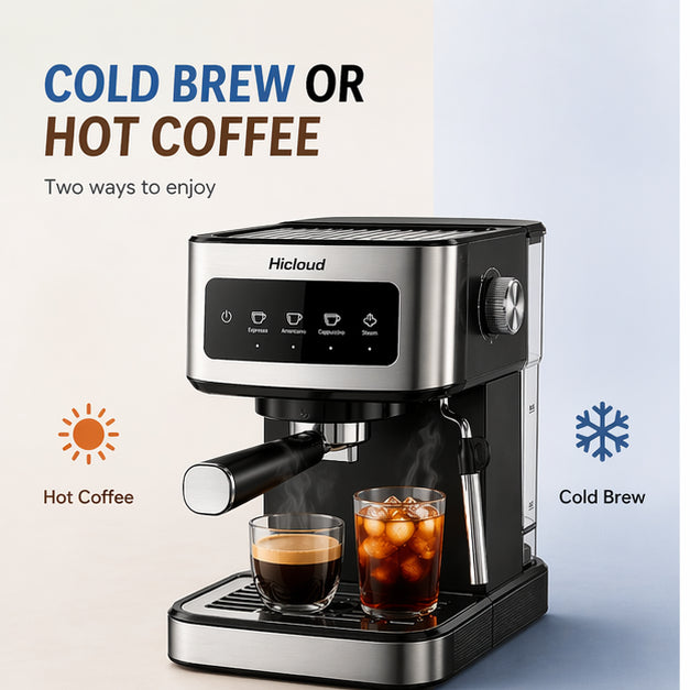 Hicloud Espresso & Cold Brew Coffee Maker, 20 Bar Pressure System, 1250W Powerful Heating, Hot & Cold Brew Modes