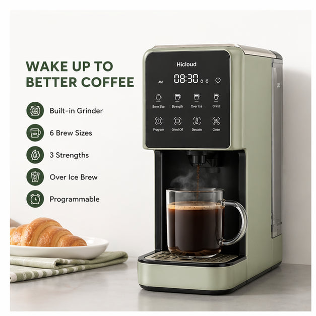 Hicloud Coffee Maker with Built-in Grinder, Sage Green, 6 Brew Sizes (6oz-16oz), 3 Strength Settings, Over Ice Brew
