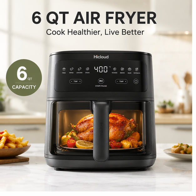 Hicloud 6QT Air Fryer with Viewing Window, 10-in-1 Compact Digital Airfryer Oven, 400°F Rapid Cooking for Fries