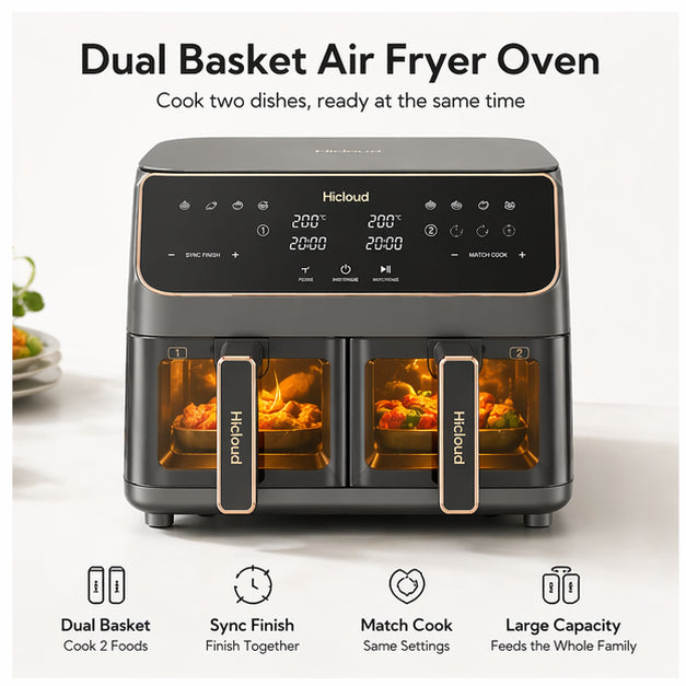 Hicloud Dual Basket Air Fryer Oven, 2-in-1 Digital Airfryer with Clear-View Windows & Sync Finish, Roast, Bake & Reheat