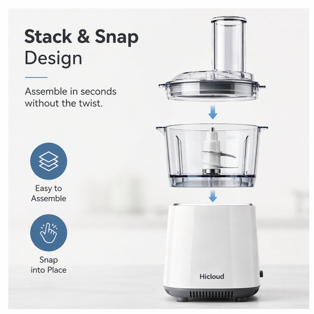 Hicloud 12-Cup Food Processor, Stack & Snap Design with Extra Large Feed Chute, Reversible Slicing & Shredding Disc