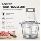 Hicloud 2-Speed Food Processor, 8 Cup Dual Bowls (Glass & Stainless Steel), Patented Top Button Control