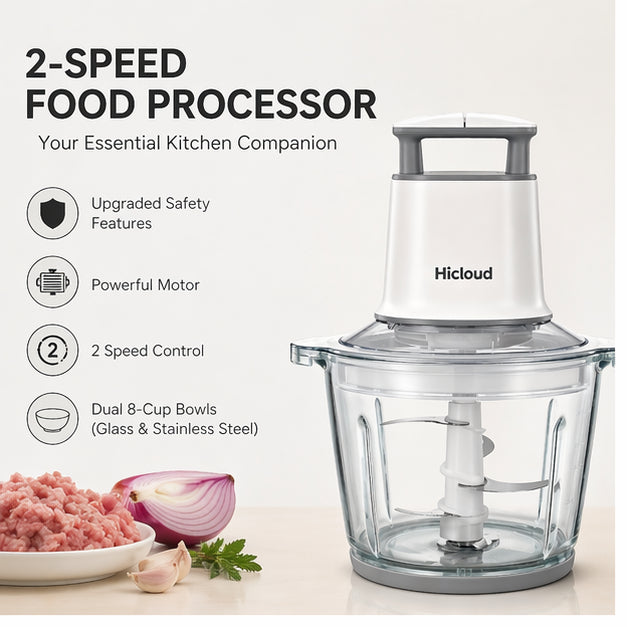 Hicloud 2-Speed Food Processor, 8 Cup Dual Bowls (Glass & Stainless Steel), Patented Top Button Control