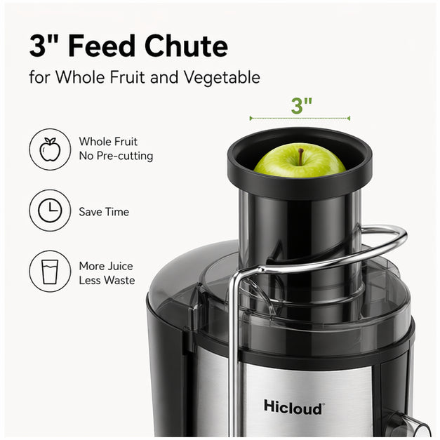 Hicloud Juicer, 3-Inch Wide Feed Chute for Whole Fruits & Vegetables, Stainless Steel Centrifugal Juicer with 2 Speeds