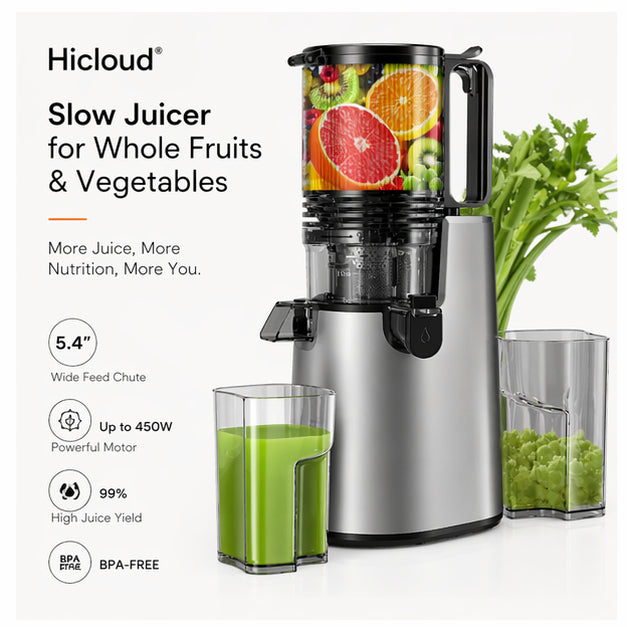 Hicloud Slow Juicer, 5.4" Extra Wide Feed Chute for Whole Fruits & Vegetables, Cold Press Masticating Juicer with 450W Motor