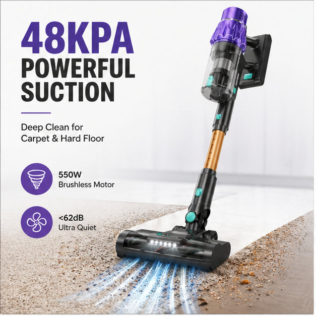 Hicloud Cordless Vacuum Cleaner, 550W/48kPa Powerful Stick Vacuum, Lightweight Upright for Home Hard Floor Carpet Pet Hair