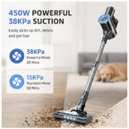 Hicloud Cordless Vacuum Cleaner, 38000PA/450W 50min 2500mah for Home Pet Hair Carpet Wood Floor