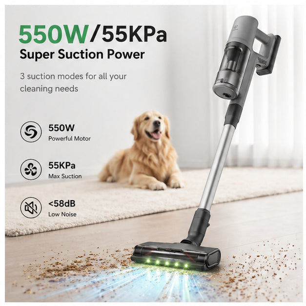 Hicloud Cordless Vacuum Cleaner 550W 55KPA 60Mins 2500mAh Lightweight Stick Vacuum Cleaner for Home Hardwood Floor Carpet Pet Hair