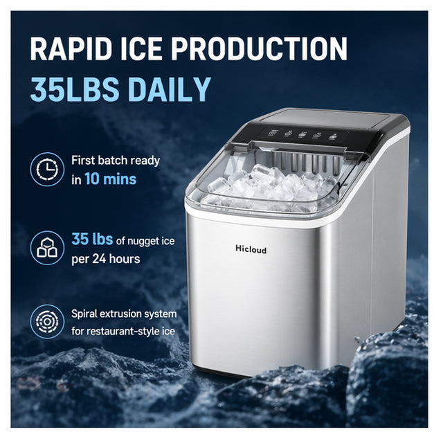 Hicloud Nugget Ice Maker, 35lbs Daily Production, First Batch in 10 Mins, Spiral Extrusion System for Restaurant-Style Ice.