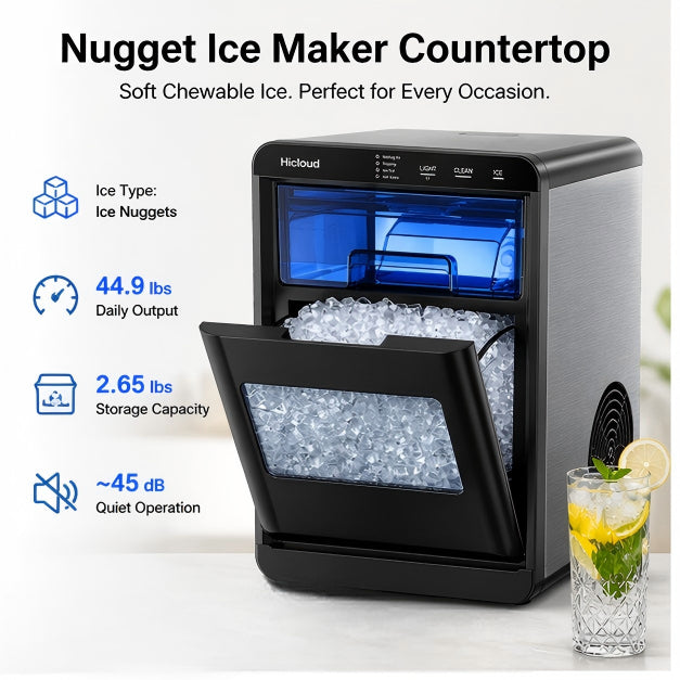 Hicloud Nugget Ice Maker Countertop, 44.9 lbs Daily Output, Soft Chewable Ice in 10 Minutes, 2.65 lbs Storage Capacity, Quiet Operation