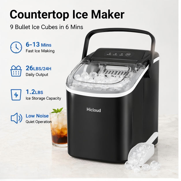 Hicloud Portable Countertop Ice Maker, 9 Bullet Ice Cubes in 6 Minutes, 26lbs Daily Output, Self-Cleaning Function