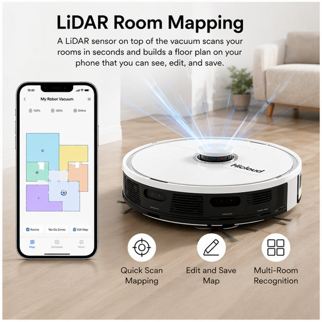 Hicloud LiDAR Robot Vacuum Cleaner, 2100Pa Smart Robot Vacuum with Room Mapping, App & Voice Control