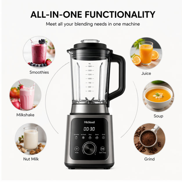 Hicloud 1200W Professional Blender, 50oz Countertop Blender with Smart Touch Control & 8-Leaf Stainless Steel Blades