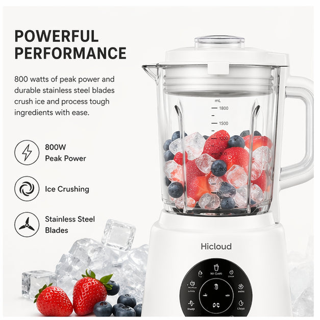 Hicloud 3-in-1 Blender & Food Processor Combo, 800W Peak Power Kitchen System with 48oz Glass Jar, 20oz Travel Cup