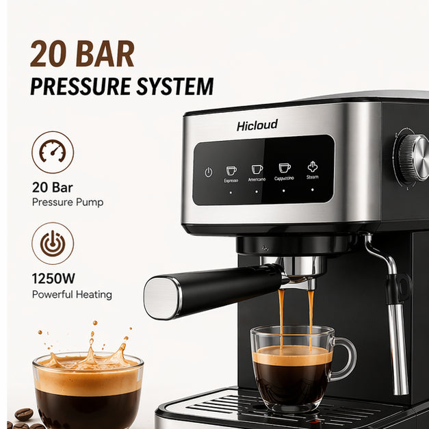 Hicloud Espresso & Cold Brew Coffee Maker, 20 Bar Pressure System, 1250W Powerful Heating, Hot & Cold Brew Modes