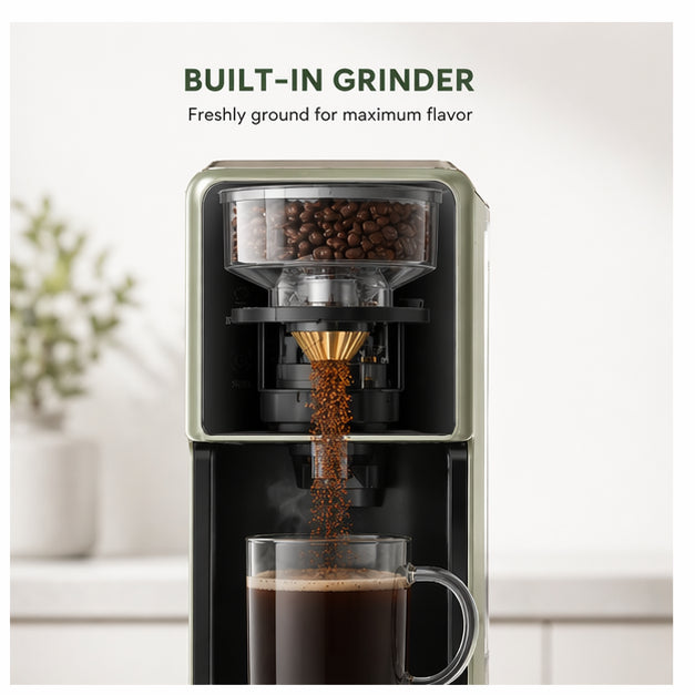 Hicloud Coffee Maker with Built-in Grinder, Sage Green, 6 Brew Sizes (6oz-16oz), 3 Strength Settings, Over Ice Brew