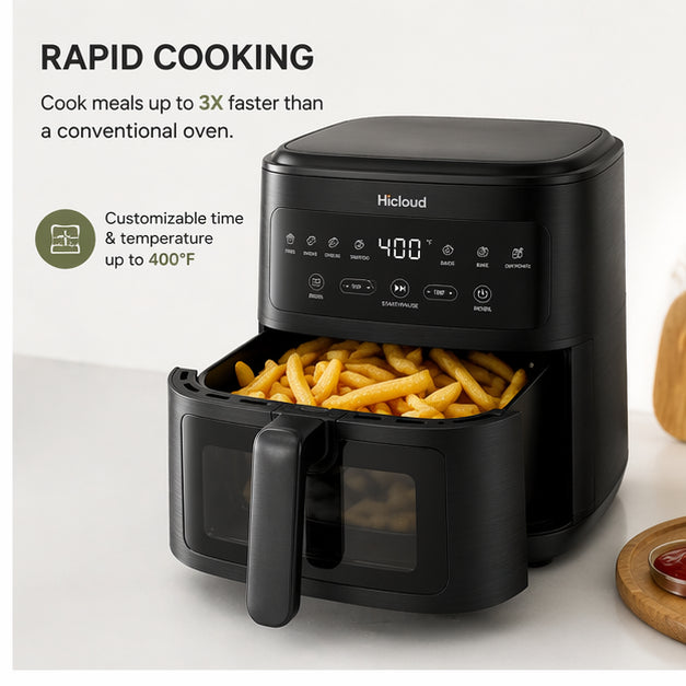 Hicloud 6QT Air Fryer with Viewing Window, 10-in-1 Compact Digital Airfryer Oven, 400°F Rapid Cooking for Fries