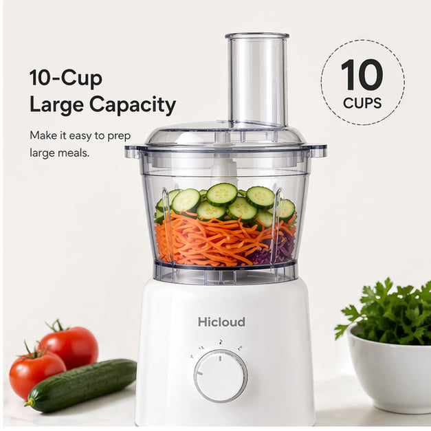 Hicloud 10-Cup Food Processor with Accessories by Drew Barrymore, 500W Motor with Variable Speed Control