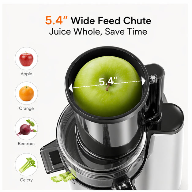 Hicloud Slow Juicer, 5.4" Extra Wide Feed Chute for Whole Fruits & Vegetables, Cold Press Masticating Juicer with 450W Motor