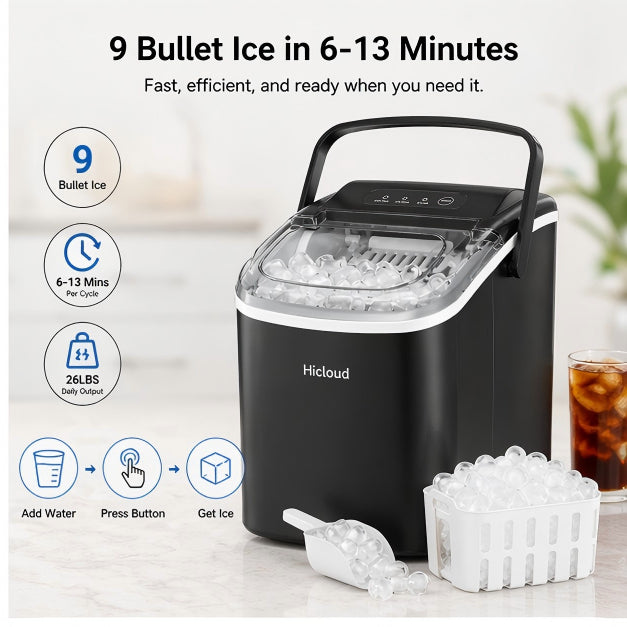 Hicloud Portable Countertop Ice Maker, 9 Bullet Ice Cubes in 6 Minutes, 26lbs Daily Output, Self-Cleaning Function