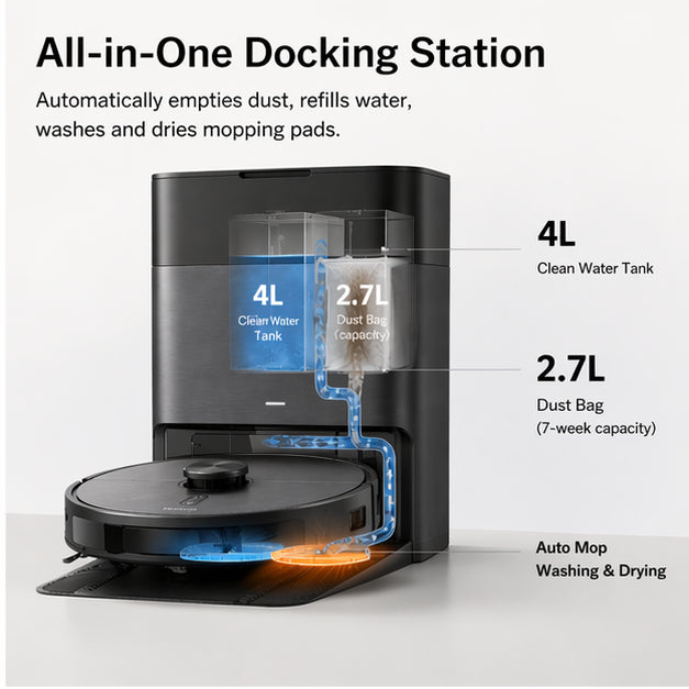 Hicloud 8000Pa Robot Vacuum and Mop, Self-Emptying Robot Vacuum with Auto Mop Washing, Drying and Obstacle Avoidance