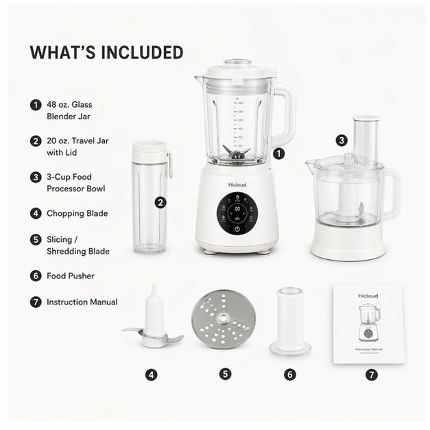 Hicloud 3-in-1 Blender & Food Processor Combo, 800W Peak Power Kitchen System with 48oz Glass Jar, 20oz Travel Cup
