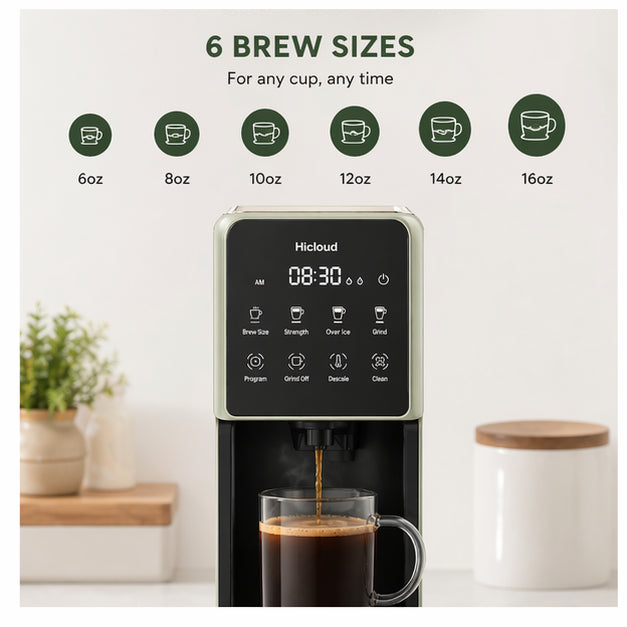 Hicloud Coffee Maker with Built-in Grinder, Sage Green, 6 Brew Sizes (6oz-16oz), 3 Strength Settings, Over Ice Brew