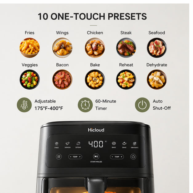 Hicloud 6QT Air Fryer with Viewing Window, 10-in-1 Compact Digital Airfryer Oven, 400°F Rapid Cooking for Fries