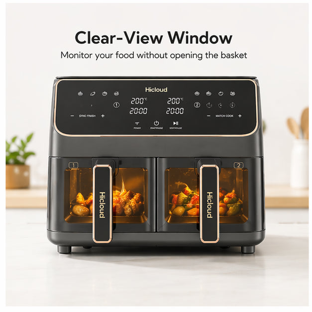 Hicloud Dual Basket Air Fryer Oven, 2-in-1 Digital Airfryer with Clear-View Windows & Sync Finish, Roast, Bake & Reheat