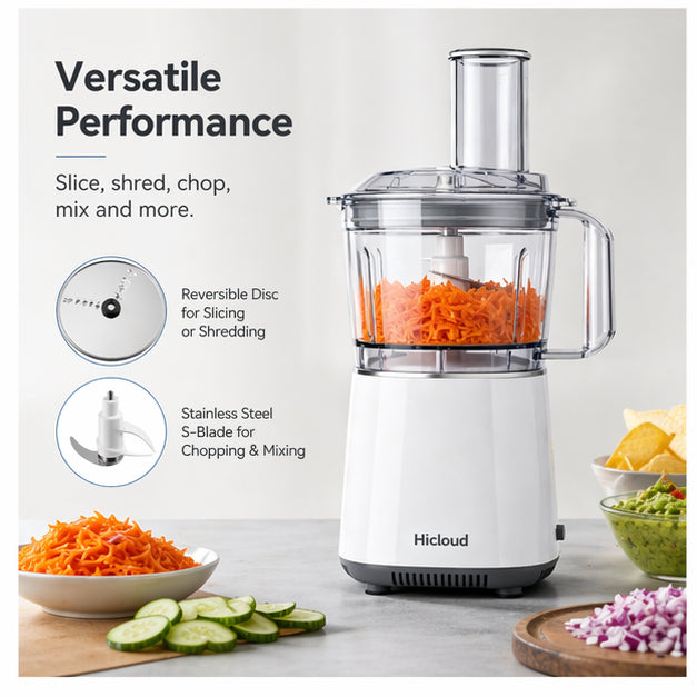 Hicloud 12-Cup Food Processor, Stack & Snap Design with Extra Large Feed Chute, Reversible Slicing & Shredding Disc