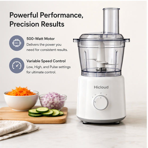 Hicloud 10-Cup Food Processor with Accessories by Drew Barrymore, 500W Motor with Variable Speed Control