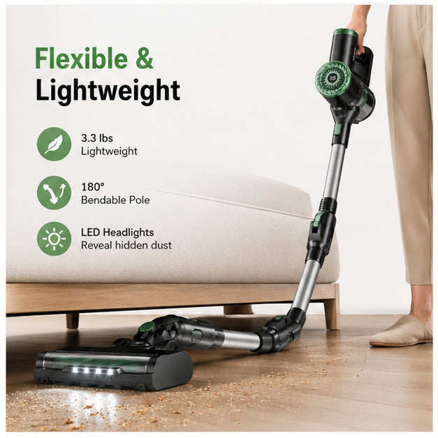 Hicloud Cordless Vacuum Cleaner, 45Kpa/45min/7-in-1 Stick Vacuum with Foldable Pole
