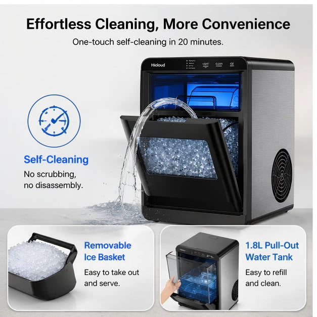 Hicloud Nugget Ice Maker Countertop, 44.9 lbs Daily Output, Soft Chewable Ice in 10 Minutes, 2.65 lbs Storage Capacity, Quiet Operation