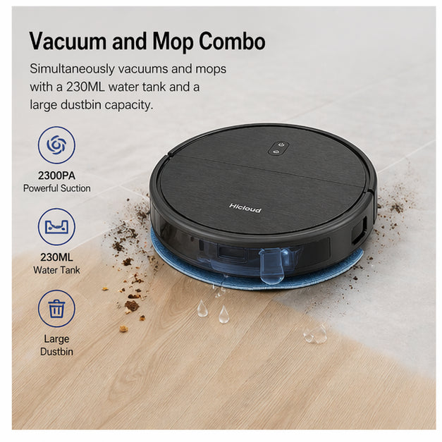 Hicloud Robot Vacuum and Mop Combo, 2300Pa WiFi Robot Vacuum Cleaner with Voice Control and Zig-Zag Cleaning